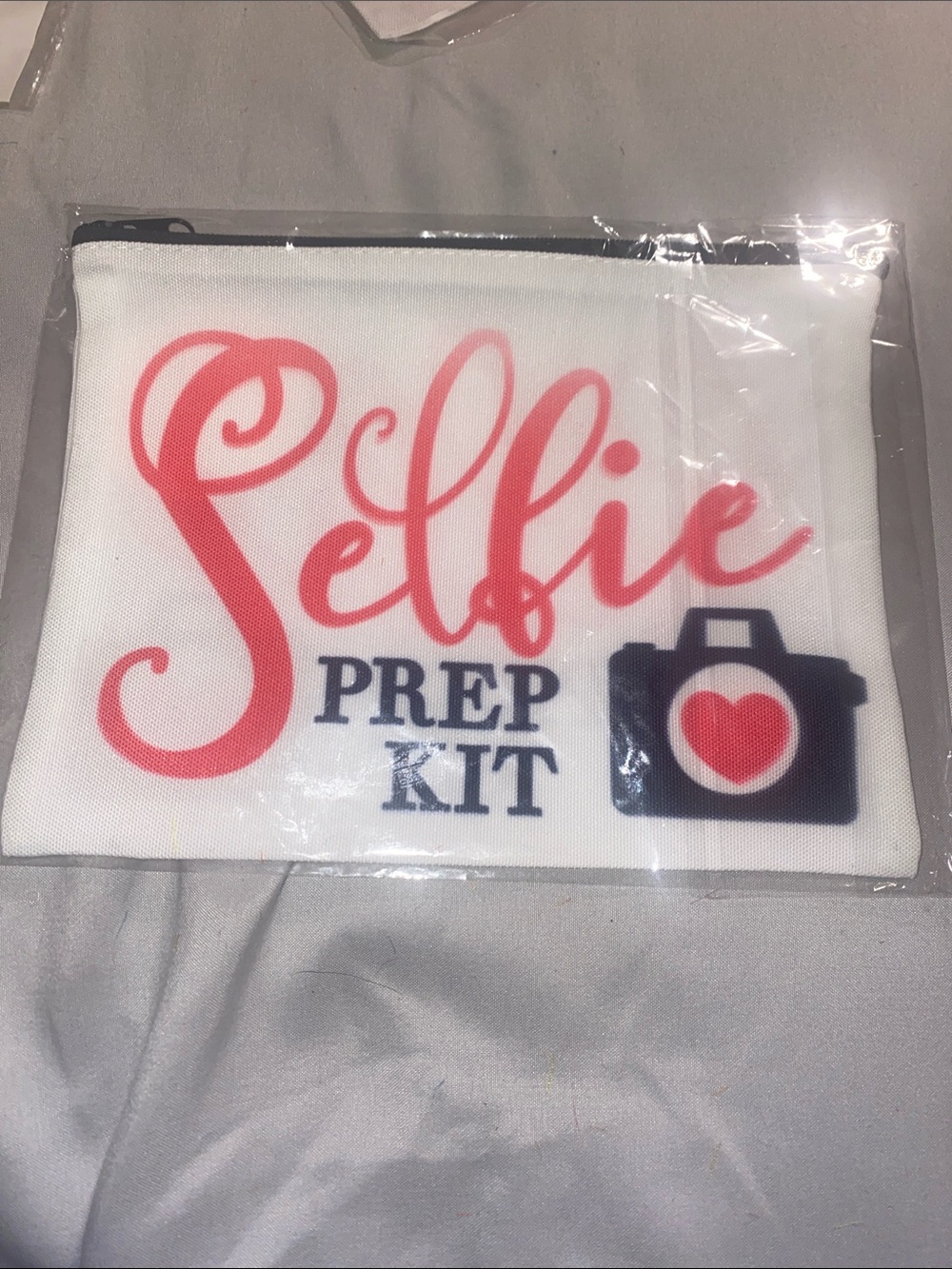 Selfie Prep Kit Canvas Cosmetic Pouch - White with Pink and Black Print